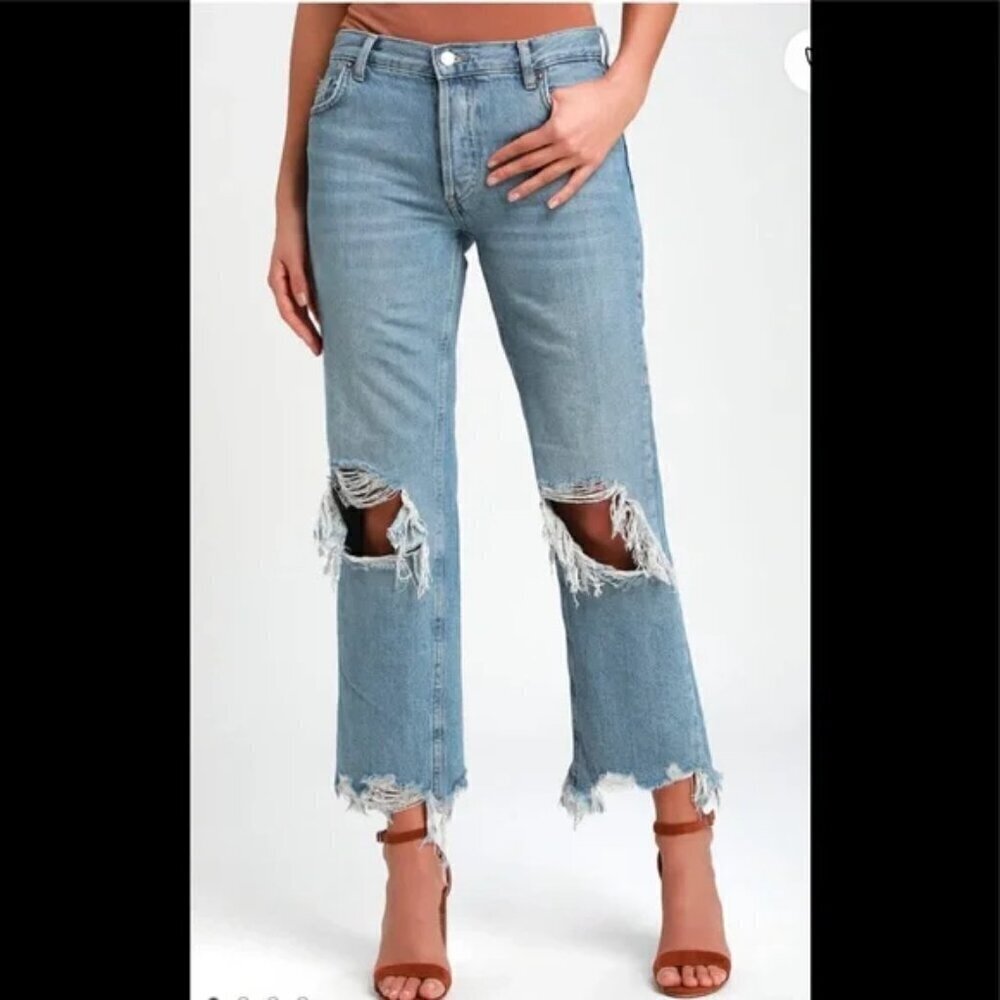 Free People We The Free Maggie Straight Leg Ripped Knee Raw Hem Jeans 30"